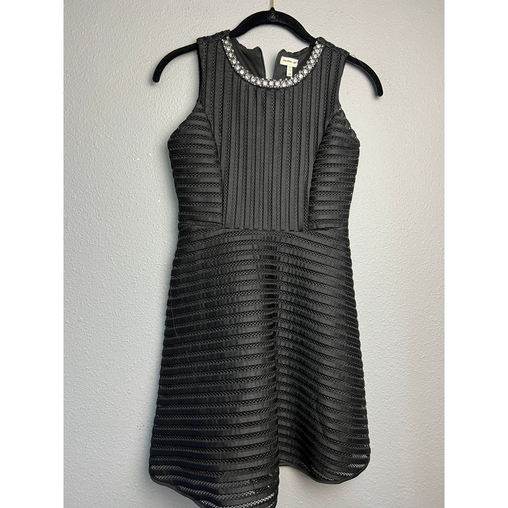 Monteau Girl Black Striped Mesh Embellished Fit & Flare Dress Sz 12 Empire Waist